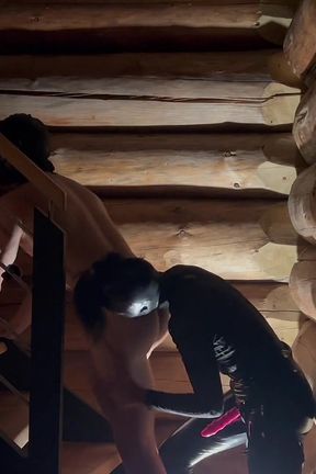 Dark Pegging on the Stairs with a Pink Dildo