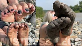 Goddess shows you her messy nylon feet close ups in torn pantyhose on the river bank (MP4 4K)