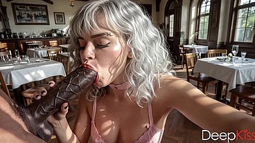 A cute waitress takes my dick in her mouth and sucks it like a dirty whore instead of letting me pay for the drinks[AI]