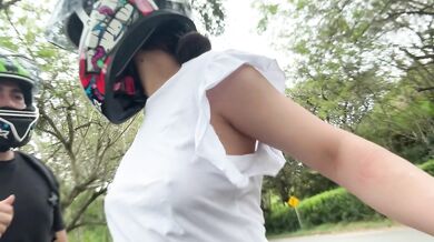 Cum drenched Latina in public lets gigantic cock squirt all over her big natural tits