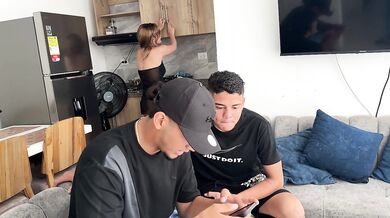 My best friend's stepmom fucks me raw in her big bed while his cock drips