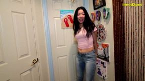 meeting miss mia outside bathroom wetting her jeans