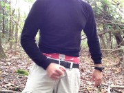 Public wanking in the woods. Sagging in my AE Boxers.  I jerk-off and cum in the woods.