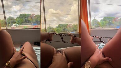 Hotel window fun while strangers watch me squirt in public