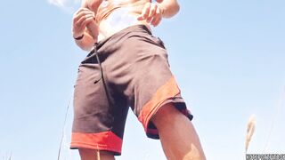 Horny guy jerks off in public beach with a big dildo & risky onanism
