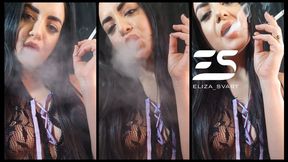 Smoking towards you in a see through bodysuit