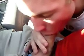 Sucking my buddy's cock in the car, he cums in my mouth - amateur video