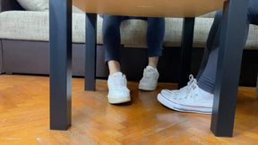 TWO STUDENTS FOOTSIE IN A LIBRARY AND SHOE STEPPING - MP4 Mobile Version