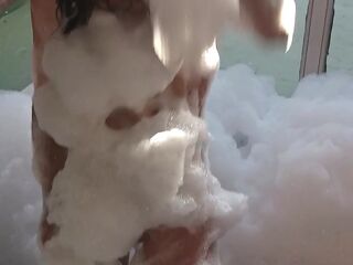 spying brunette hair bathing crossdresser sissy femboy walks in and bangs her pear booty buries his wang in