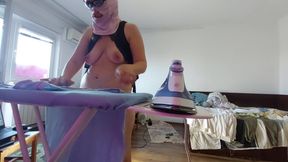 Amateur wife does housework naked. Brunette with hairy pussy, big ass. Amateur wife has fun trying on clothes that she cuts. Sex