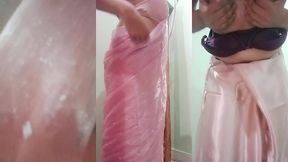 indian gay crossdresser gaurisissy pressing and playing with her big boobs looking in pink saree looking like a housewife