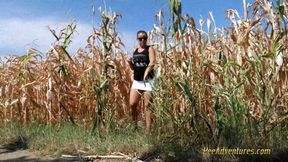 Pee in a field of corn - pissing herself while talking with her boyfriend on the phone