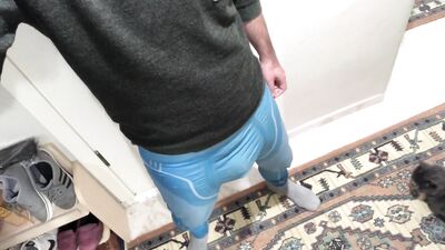 Very hairy man Jerking off through Lycra Spandex Tights