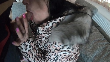 Blue Bodystocking & Downcoat Blowjob – Warm Cum on My Coat