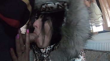 Blue Bodystocking & Downcoat Blowjob – Warm Cum on My Coat