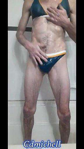 Cdmichelle Taking a Shower Wearing Sexy Blue Swimsuit