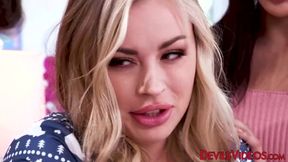 Anna Claire Clouds and Vanessa Sky take turns swallowing milky jizz after intense threesome action