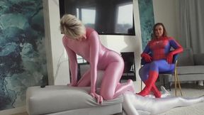 Pink Ruslana Ride Face Of Zentai Man And Spiderwoman Weronika Splash His Balls And Perform Footjob - Part 2
