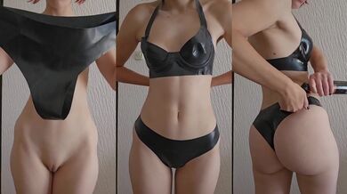 Petite pierced latex babe destroys her bra then sucks it dry