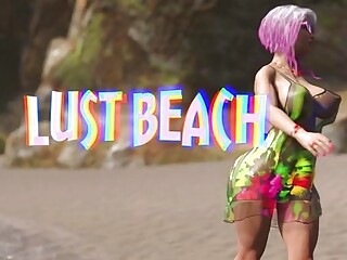 Big tits babe masturbating while futa babes fucking on the beach in a 3D Animation