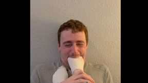 Slave licks my work dirty socks after I get up and takes them deep into his mouth