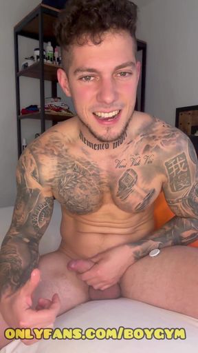 Tattoed Cute Boy Cum with No Hands