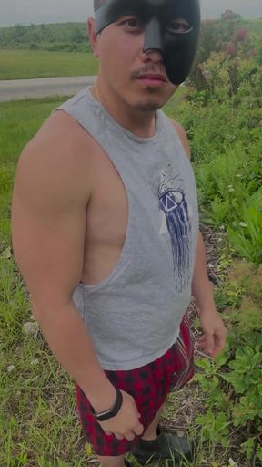 Muscular Asian Hunk Strips and Flexes Naked by the Highway Muscle Worship Jo &amp; Cum Eating
