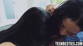 Two naughty teen besties share lucky dude's big dick