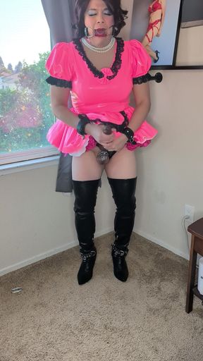 Sissy Maid Playing with Herself with Bondage, Huge Dildos, and Chastity