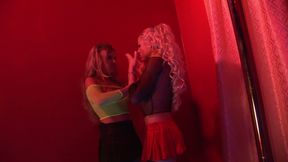 Curly haired babe gives pleasure and takes in a red room