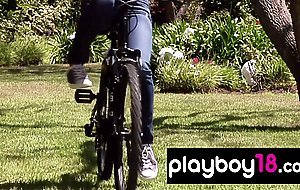 Pale skinned babe Kimberly Phillips reveals her big boobs in a park