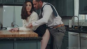 Sinful college girl and her horny stepdad in the kitchen