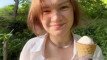 Young nympho eats ice cream while getting fucked