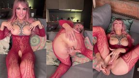 Dildo Session in a Red Mesh Bodysuit