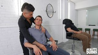 Dark-haired Hotties San Bass &amp; Killiam Wesker Swap Sloppy Blowjobs On The Barber Chair -Reality Dudes