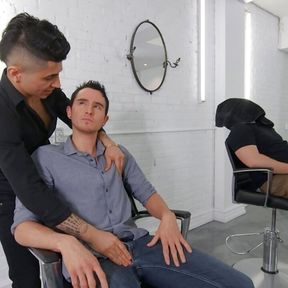 Dark-haired Hotties San Bass &amp; Killiam Wesker Swap Sloppy Blowjobs On The Barber Chair -Reality Dudes