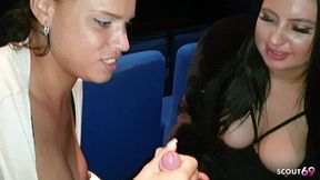 two german girls give stranger a pov blowjob at risky place at public cinema in berlin germany