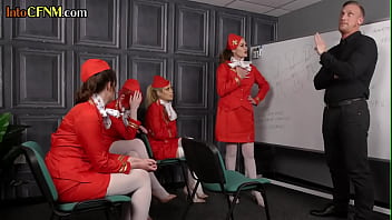 Group of CFNM stewardesses sucking guy cock in femdom action