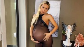 Pregnant blonde milf teases in lingerie POV cowgirl