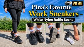VR 3D 5,7K 180 60 fps | Pina Presents Her Favorite Black Sneakers – White Ruffle Nylon Socks, Close-Up Shoe Details & Barefoot Reveal