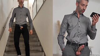Big cock walking around naked in suit with hard-on and handsfree cumming