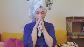 Nose Honking in Blue Robe with Hair in White Towel using a Hanky