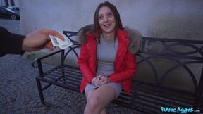 She goes from park bench to fucked pussy for quick money