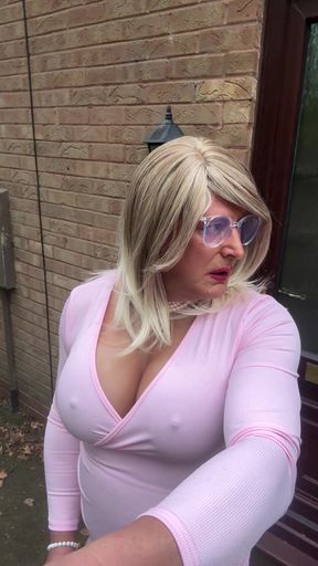 Sexy Crossdresser kellycd2022 in pink dress and white fishnet pantyhose