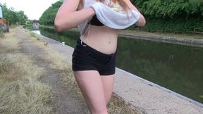 Chessie Kay shows off her natural boobs and pisses on the grass along the boulevard to be happy