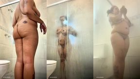 bbw ebony shower tease showing big ass and big boobs naked