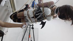Cute Maid Femboy in Extreme Suspension Shibari Torment - Frilly Outfit, Black Stockings, High Heels, Rope Hoist & Vibrator Tease During Intense Hanging Struggle