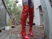 Corseted big fake tits Ugly crossdresser in lingerie outside