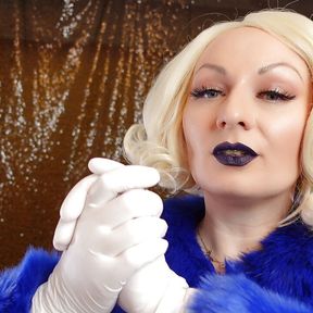 Medical nitrile white nurse gloves and fur with dark lipstick - Blonde ASMR