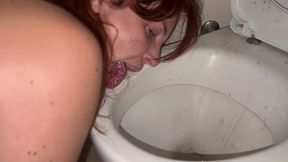 licking dirty floor and toilet, flashing head in toilet